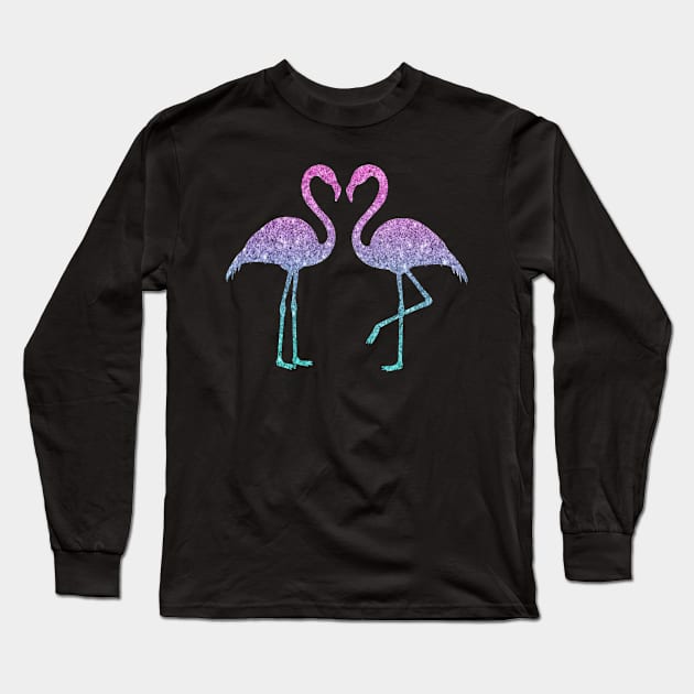 Bright Pink Purple Ombre Faux Glitter Flamingos Silhouette Long Sleeve T-Shirt by Felicity-K